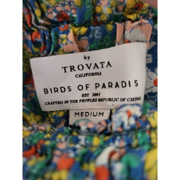 Birds of Paradise Trovata Floral Smock Blouse Medium 100% Cotton Puff Sleeve Top - Picture 2 of 5